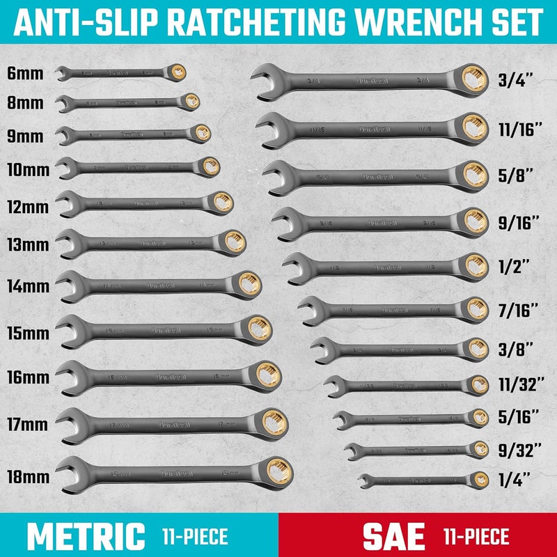 DURATECH Anti-Slip Ratcheting Wrench Set, Combination Wrench Set, 22-piece, Metric & SAE, 1/4" to 3/4" & 6-18mm, 72-Tooth, CR-V Steel, Nickel Plating, with Pouch - Image 2